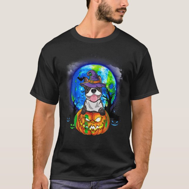Camiseta Boston Terrier Witch Moon Pumpkin Assustador Hallo (Frente)