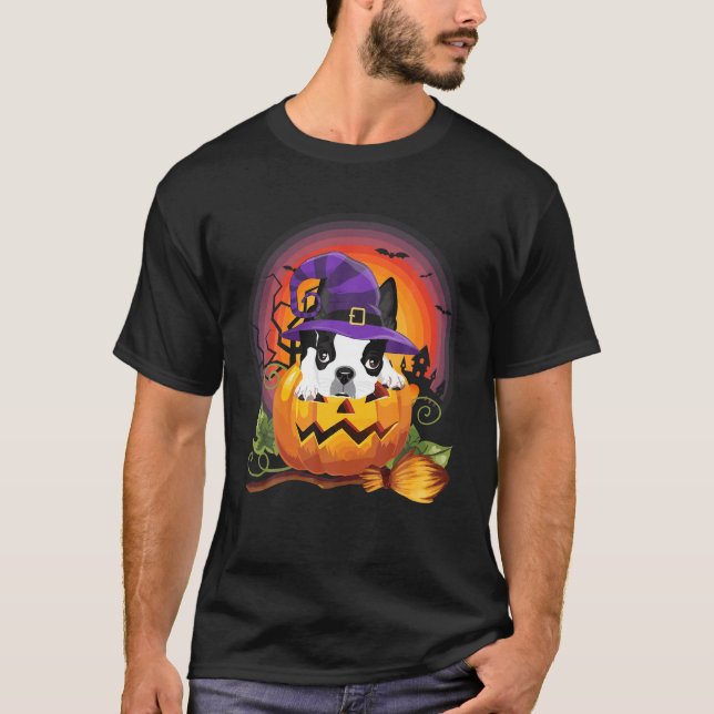 Camiseta Boston Terrier Witch Pumpkin Halloween Dog Lover (Frente)