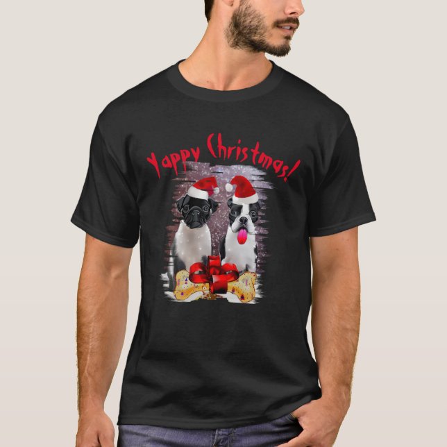 Camiseta Boston Terrier Yappy Christmas Dog Mãe E Pai (Frente)