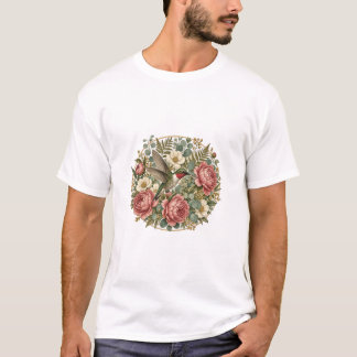 Camiseta Botânica de Medalhões Florais de Beija-fl