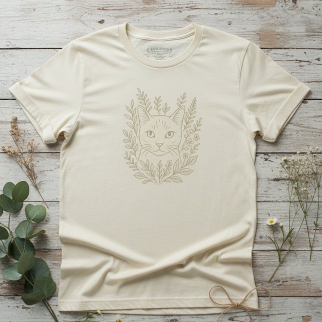 Camiseta Botanical Cat Bloom Design – Floral Line Art Cat  (Criador carregado)
