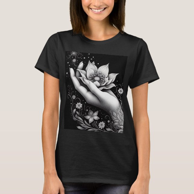 Camiseta Botanical Hand Etching with Falling Petals Canvas (Frente)
