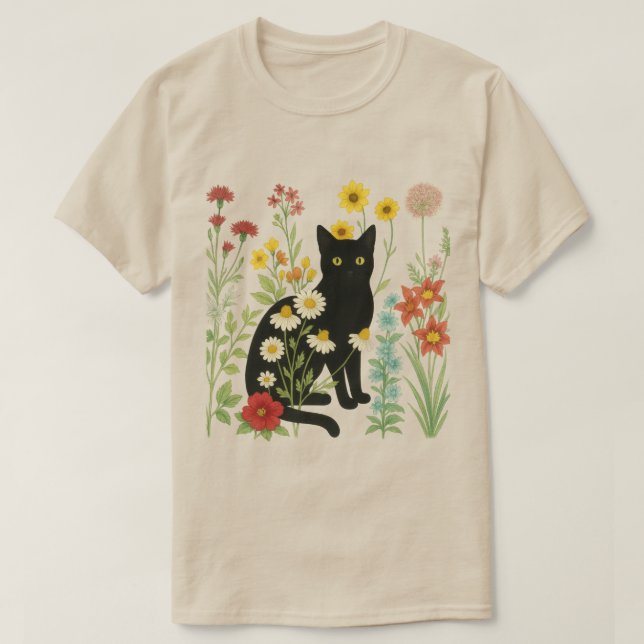 Camiseta  Botanical Nature – Black Cat in Wildflower Garden (Frente do Design)