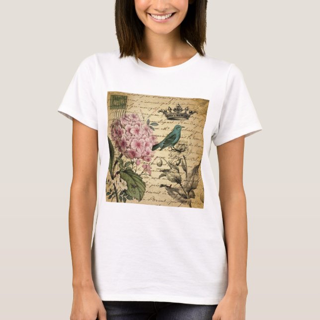 Camiseta botânico francês do pássaro do hydrangea do (Frente)