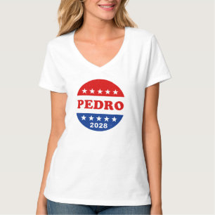 Camiseta Botão de Campanha Pedro 2028 Retro Vermelho Branco