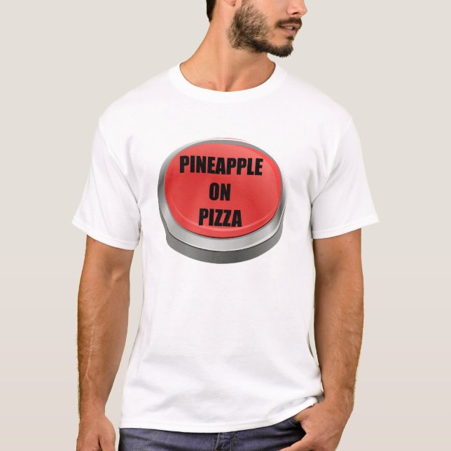 Camiseta Botão vermelho - Ananás na pizza (Frente)