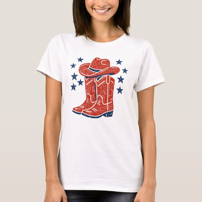 Camiseta Botas de Cowboy Vermelhas Rústicas e Estrelas Azui (Frente)