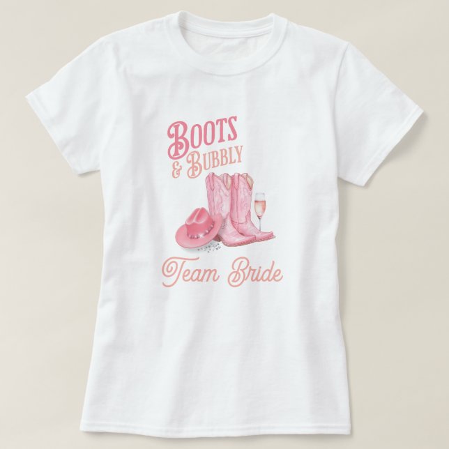 Camiseta Botas e Espumante Caubói Rosa Chás de Cozinha de N (Frente do Design)