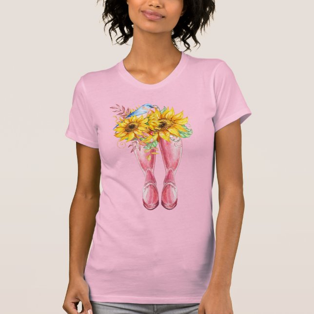 Camiseta Botas Rosa, Pássaro Azul e Girassóis (Frente)