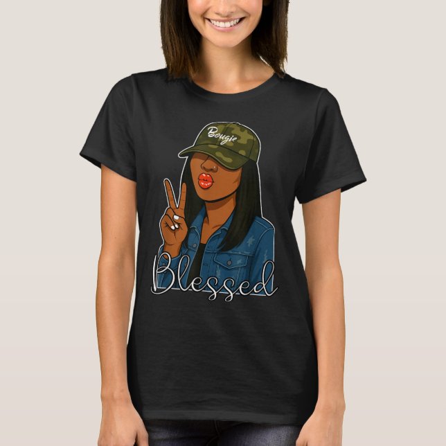 Camiseta Bougie Blessed Camo Hat Christian Black Woman  (Frente)
