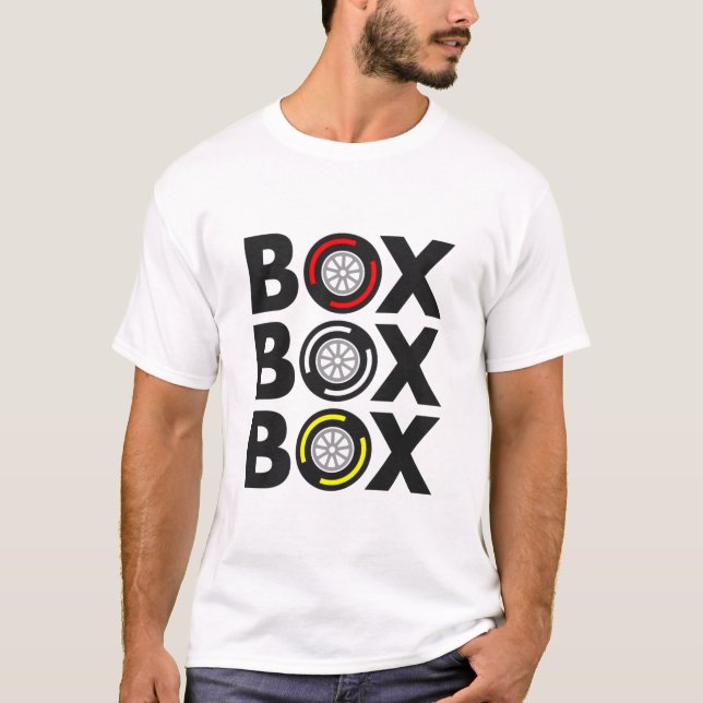 Camiseta "Box Box Box Box" F1 Design do conjunto do pneu (Frente)