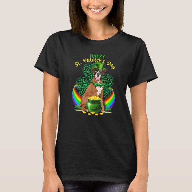Camiseta Boxer Dia de São Patrício Feliz Cão Leprechaun Hat (Frente)