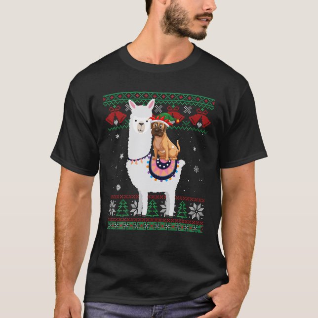 Camiseta Boxer Dog Andando Llama Engraçado Natal Feio (Frente)