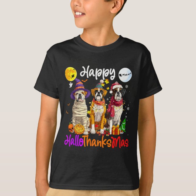 Camiseta Boxer Dog Christmas Thanksgiving Happy Halloween  (Frente)