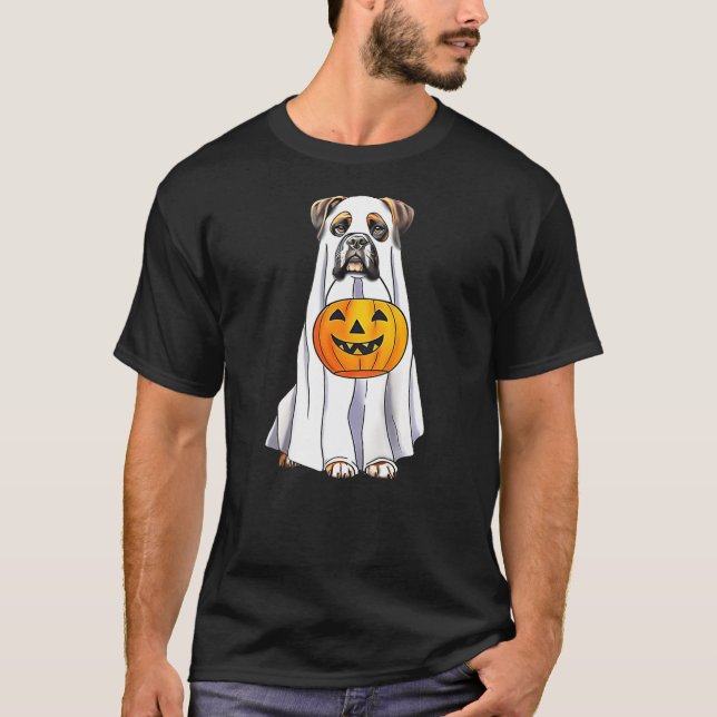 Camiseta Boxer Dog Halloween Funny Ghost Costume with Pumpk (Frente)