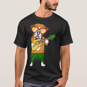 Camiseta Boxer Dog Havaiana Costume Jogando Ukulele Summer