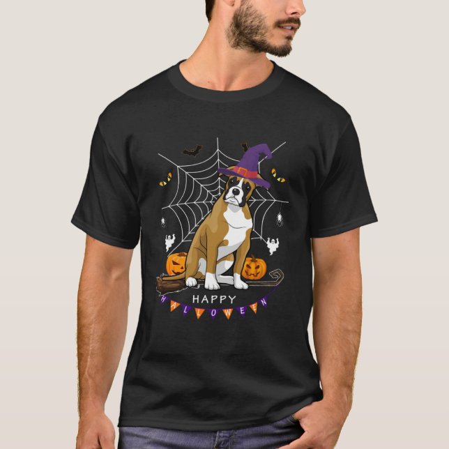 Camiseta Boxer Dog Witch Pumpkin Halloween Kids Mens Womens (Frente)