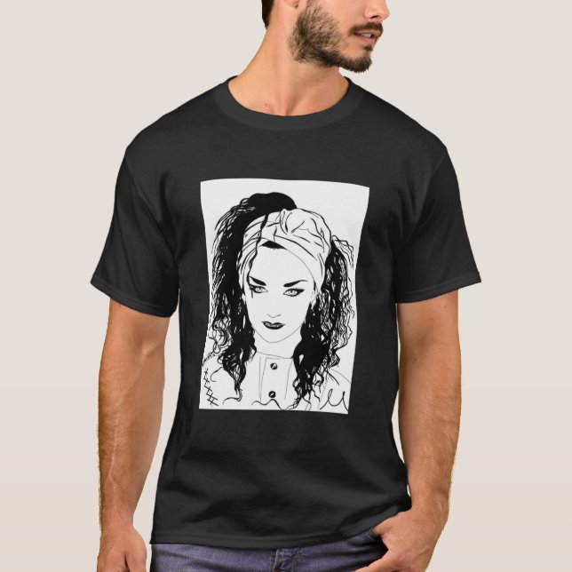 Camiseta BOY GEORGE (Preto &amp; vermes brancos.) T-Shi clá (Frente)