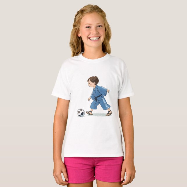 Camiseta Boy in kimono playing soccer (Frente Completa)