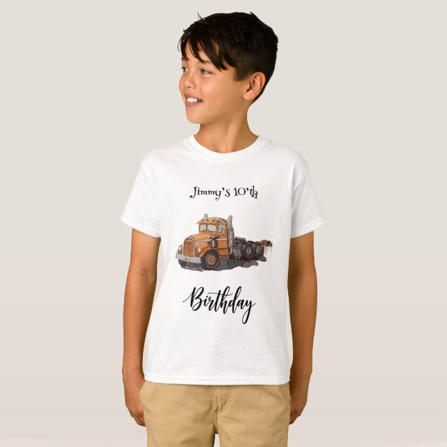 Camiseta Boys Birthday Party Orange Semi Truck (Frente Completa)
