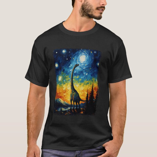 Camiseta Brachiosaurus Dinossaur Starry Night Painting (Frente)