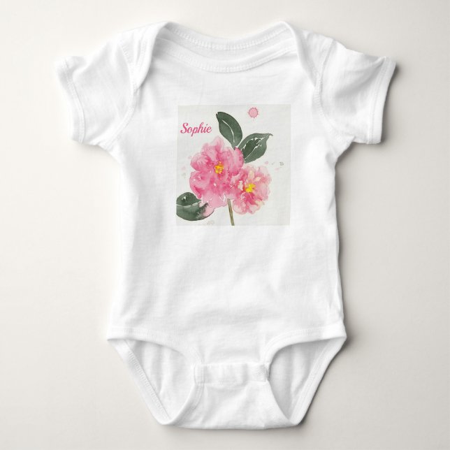 Camiseta branca com camélia rosa (Frente)