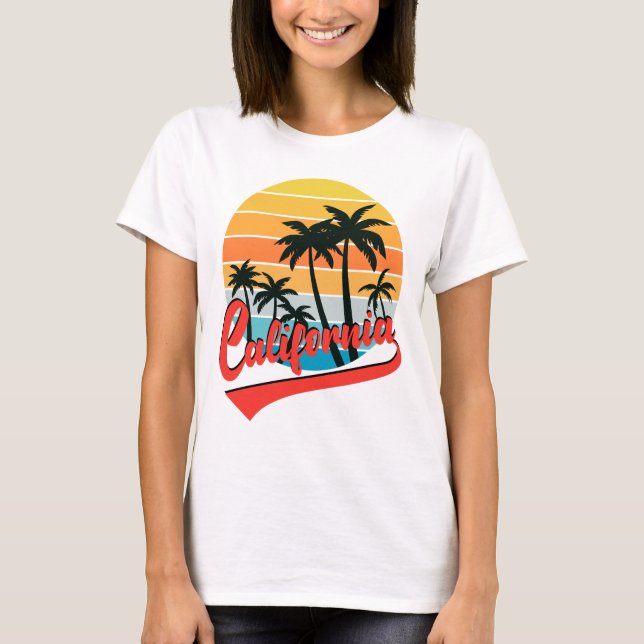Camiseta branca das mulheres retrô-sunset (Frente)