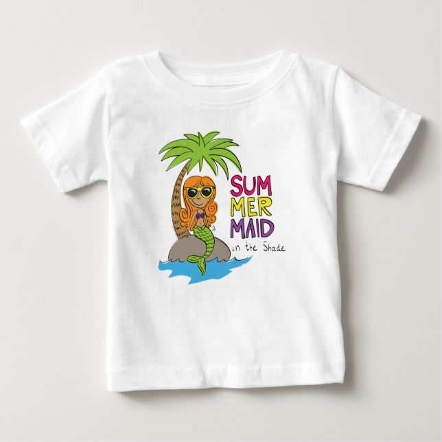Camiseta Branca de Bebê Fofa Sereia de Verão (Frente)