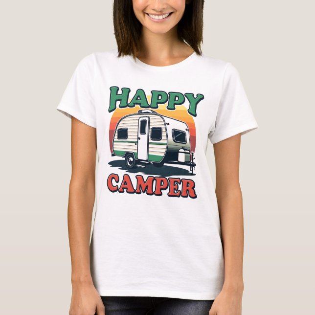 Camiseta Branca de Camper Feliz Retro Divertido (Frente)