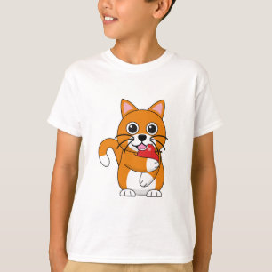 Camiseta Branca De Gato Branco, Comendo Maçã Vermelha