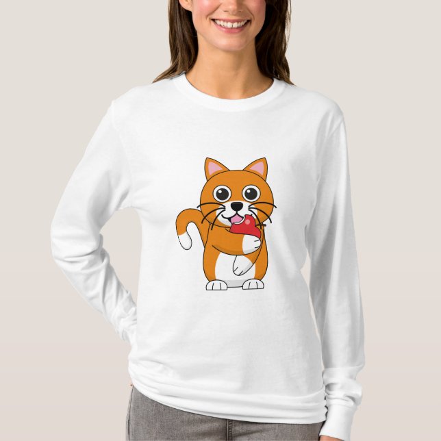 Camiseta Branca De Gato Branco, Comendo Maçã Vermelha (Frente)