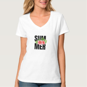 Camiseta branca de meia manga com etiqueta de verã