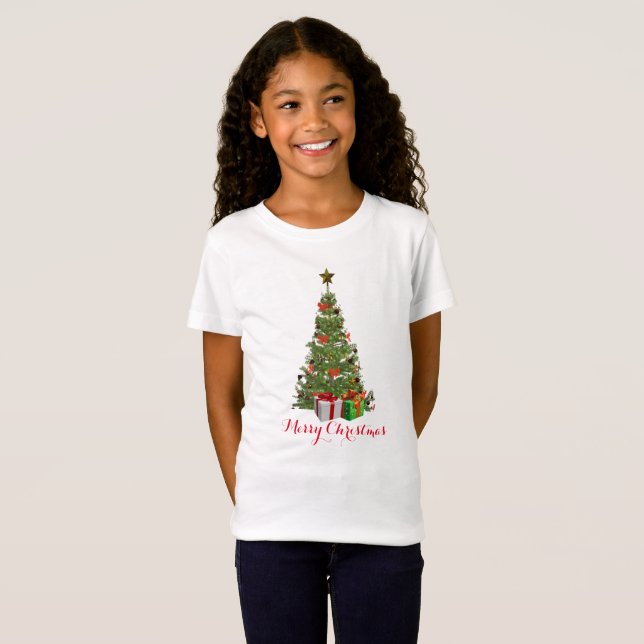 Camiseta Branca de Natal Feliz, Raparigas de Árvore (Frente Completa)