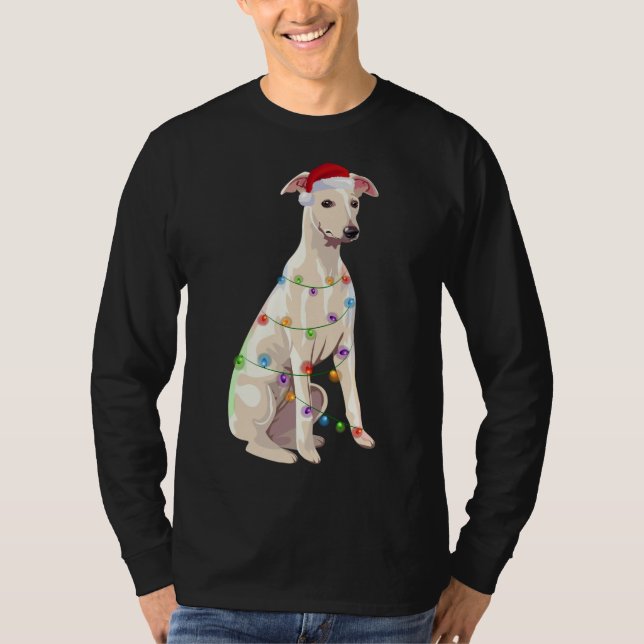 Camiseta Branca de Natal Luzes de Natal Cachorro Sobre Sant (Frente)