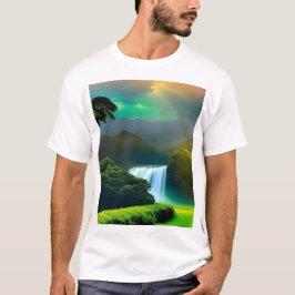 Camiseta branca, de uso masculino, meio tropical
