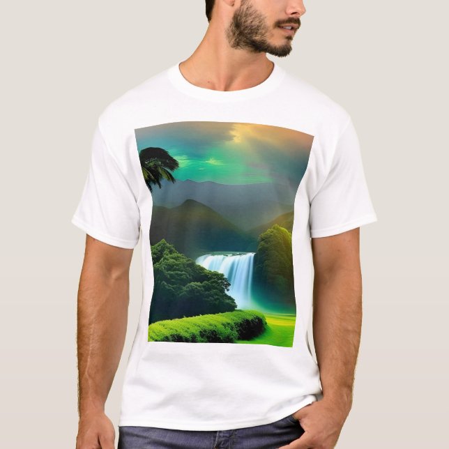 Camiseta branca, de uso masculino, meio tropical (Frente)