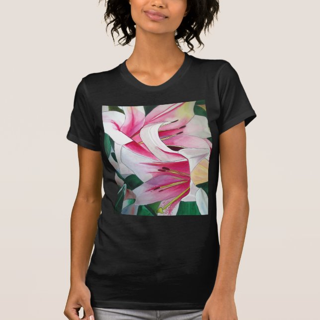 Camiseta Branca e cor-de-rosa, flor líbia (Frente)