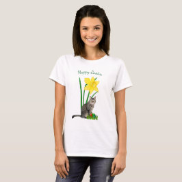 Camiseta Branca Gato de Páscoa Fofo e Narcisos