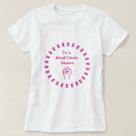Camiseta Branca Punho Rosa Sobrevivente de Câncer