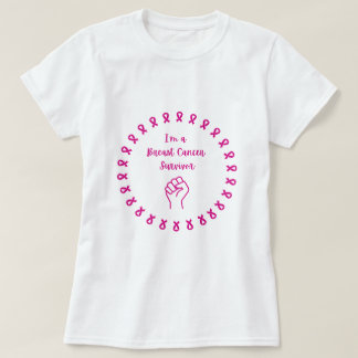 Camiseta Branca Punho Rosa Sobrevivente de Câncer