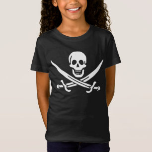 Camiseta Branco, Bandeira Pirata Calico Jack, Caveira e Cut