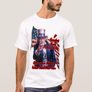 Camiseta Branco Vermelho Azul Patriota Tio Sam em um Branco