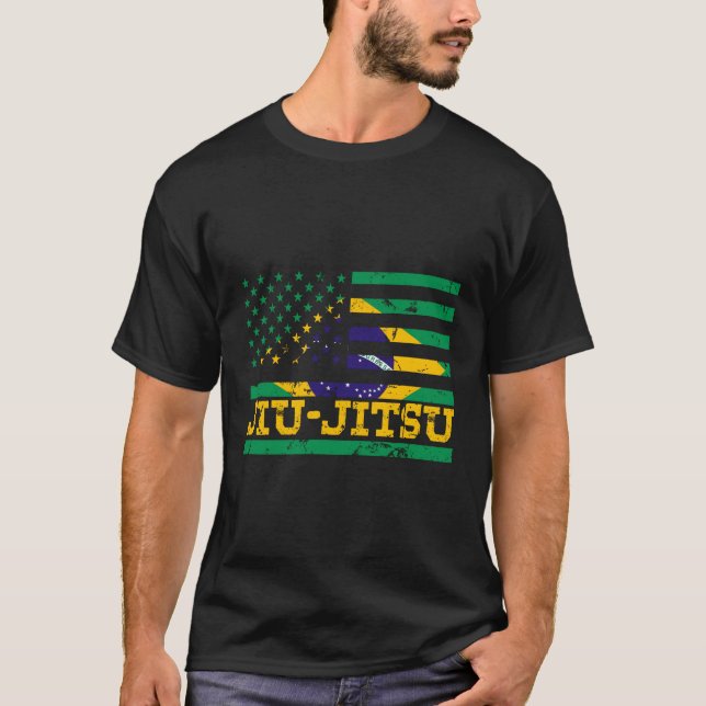 Camiseta Brasil: Jiu Jitsu American Bandeira Usos (Frente)