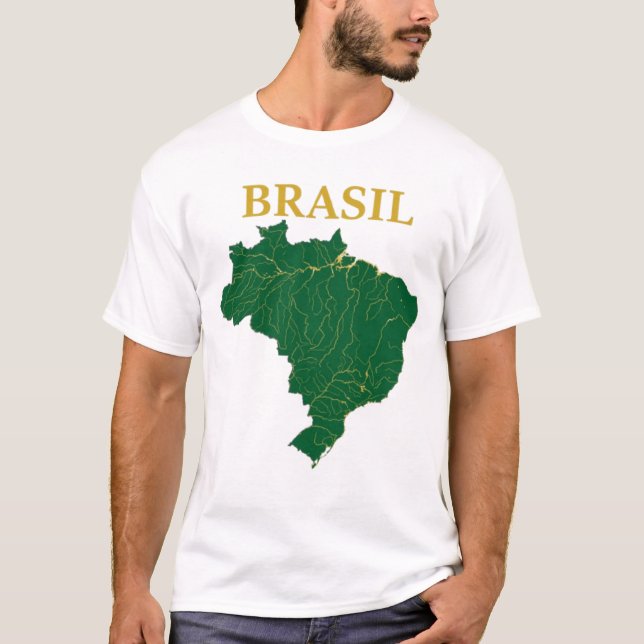 Camiseta Brasil Map Rivers Gold Green Geography (Frente)