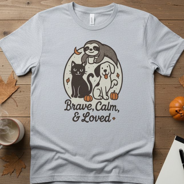 Camiseta Brave, Calm & Loved — Cute Animal Trio Halloween (Criador carregado)