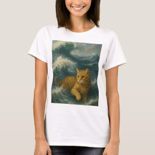 Camiseta Bravo Gato Gengibre Montando Ondas do Oceano      