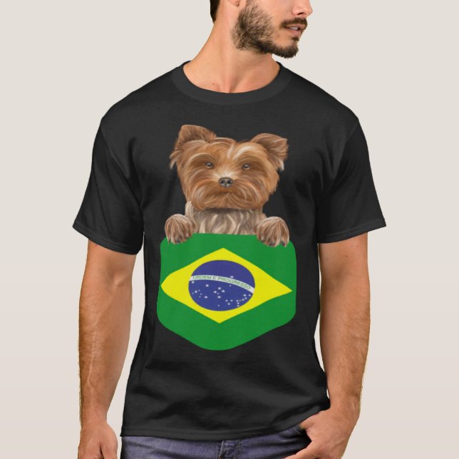 Camiseta Brazil Flag Yorkshire Terrier Dog In Pocket (Frente)