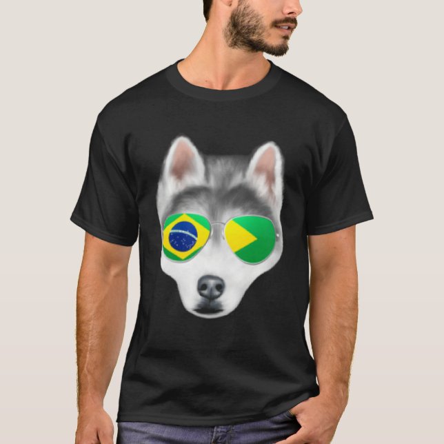 Camiseta Brazilian Flag Siberian Husky Dog Brazil Pocket (Frente)