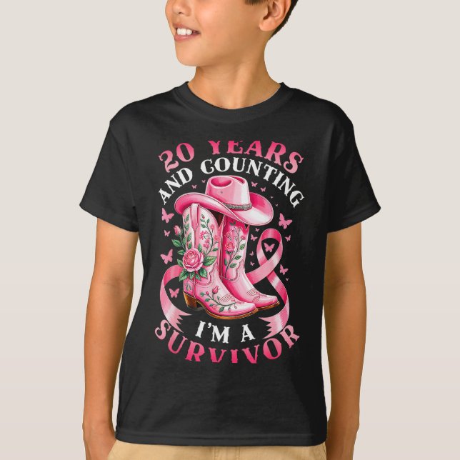 Camiseta Breast Cancer 20 Years Survivor Nk Ribbon Cowgirl  (Frente)