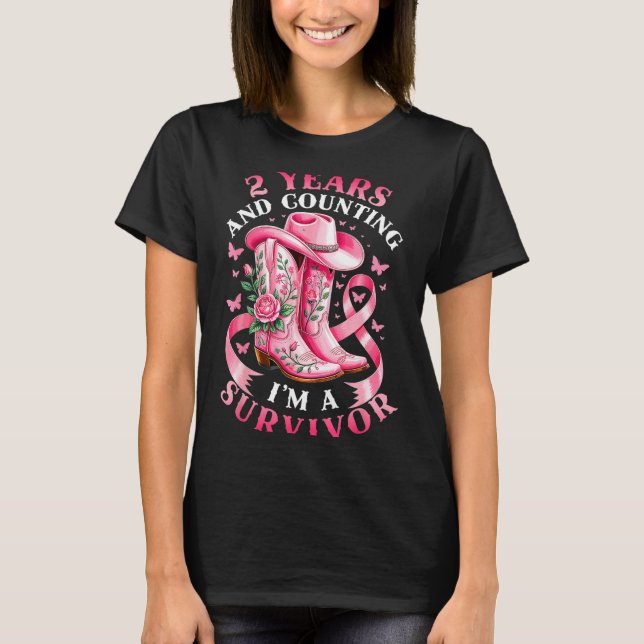 Camiseta Breast Cancer 2 Years Survivor Nk Ribbon Cowgirl G (Frente)